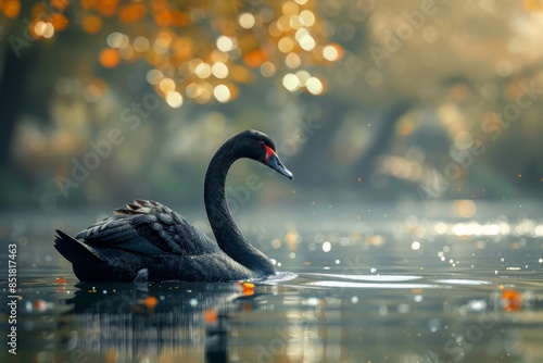 A black swan swims in calm water creating elegance and grace