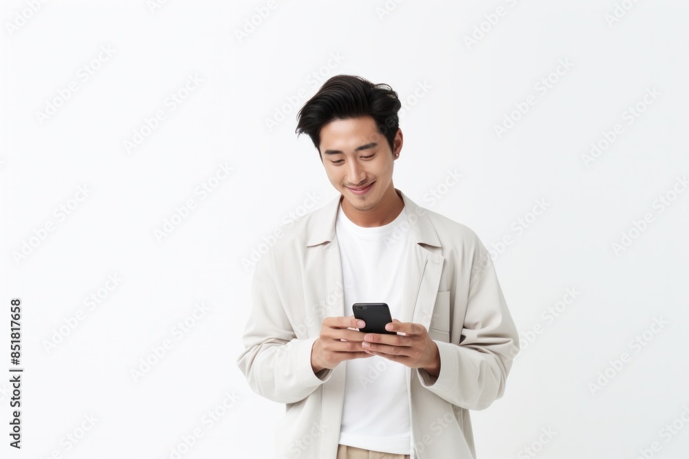 Handsome Asian young man using mobile phone Surf the web or social media sitting on an armchair on holiday relax Handsome Asian young man using mobile phone Surf the web or social media sitting on an armchair on holiday relax