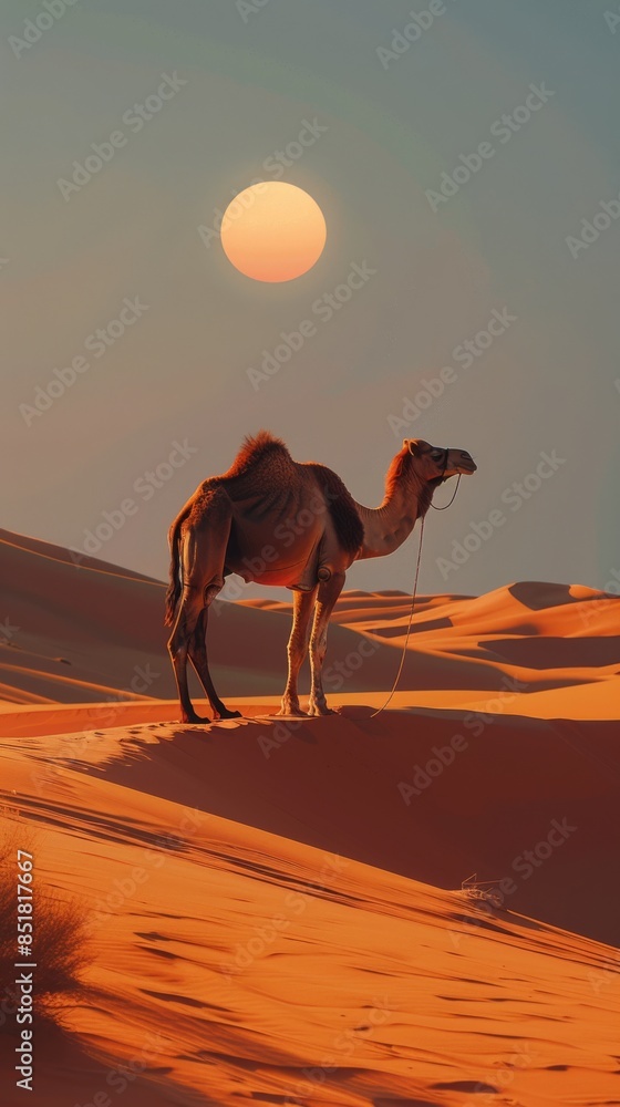 A camel stands in the desert at sunrise. Wide desert and big clouds A camel stands in the desert at sunrise. Wide desert and big clouds