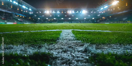 An illuminated soccer stadium at night with the camera close to the ground