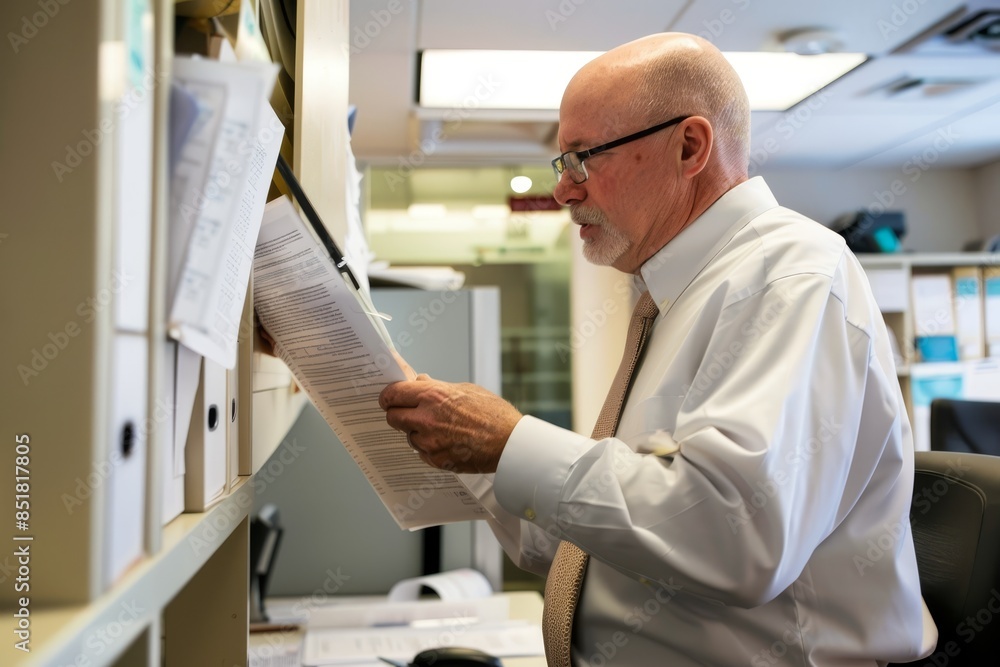 Senior businessman in white shirt and tie reviewing documents in a well-organized office space, focusing on important paperwork.