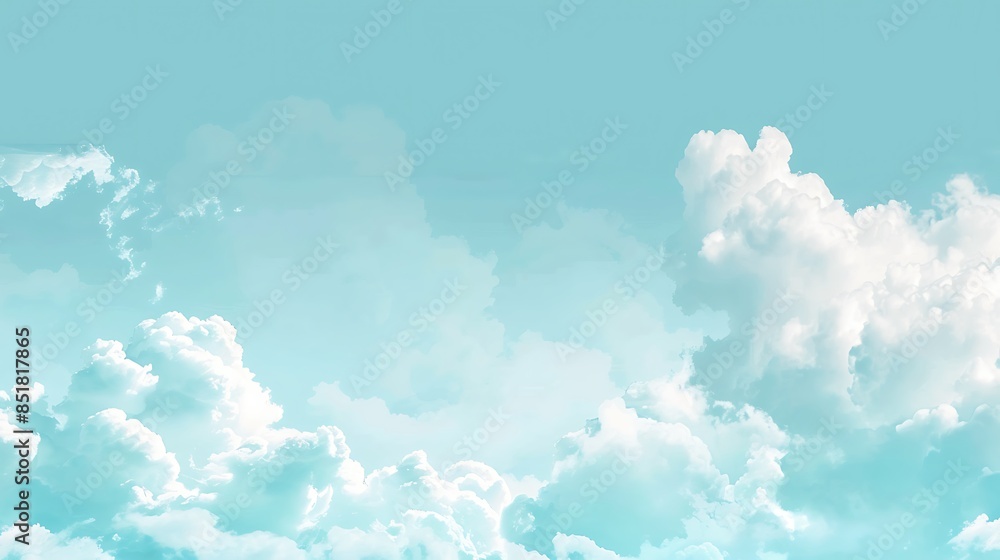 Fototapeta premium Whimsical pastel blue background with soft white clouds, perfect for adding text or designs in the sky area