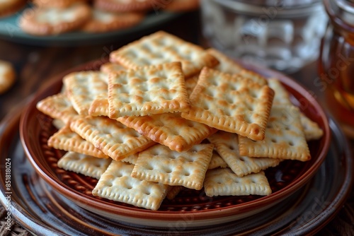 Crackers on a plate: A collection of assorted crackers arranged neatly on a plate, creating a simple and appetizing composition.