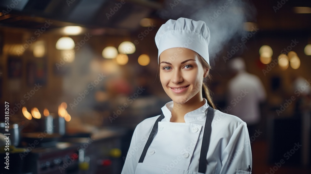 Happy female chef smiling with Wok in restaurant or restaurant kitchen background. Happy female chef smiling with Wok in restaurant or restaurant kitchen background.