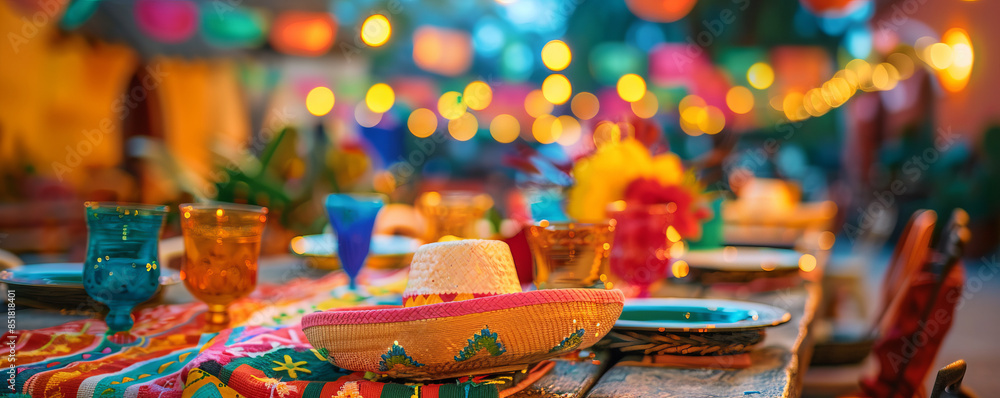Fototapeta premium A lively Cinco de Mayo fiesta with mariachi music, dancing, and colorful decorations.