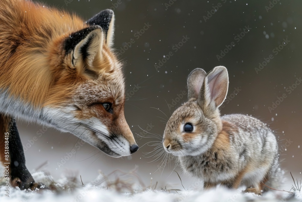 Obraz premium Fox poised to pounce on a helpless bunny. The fox lurked to attack the little rabbit. Predator and prey.