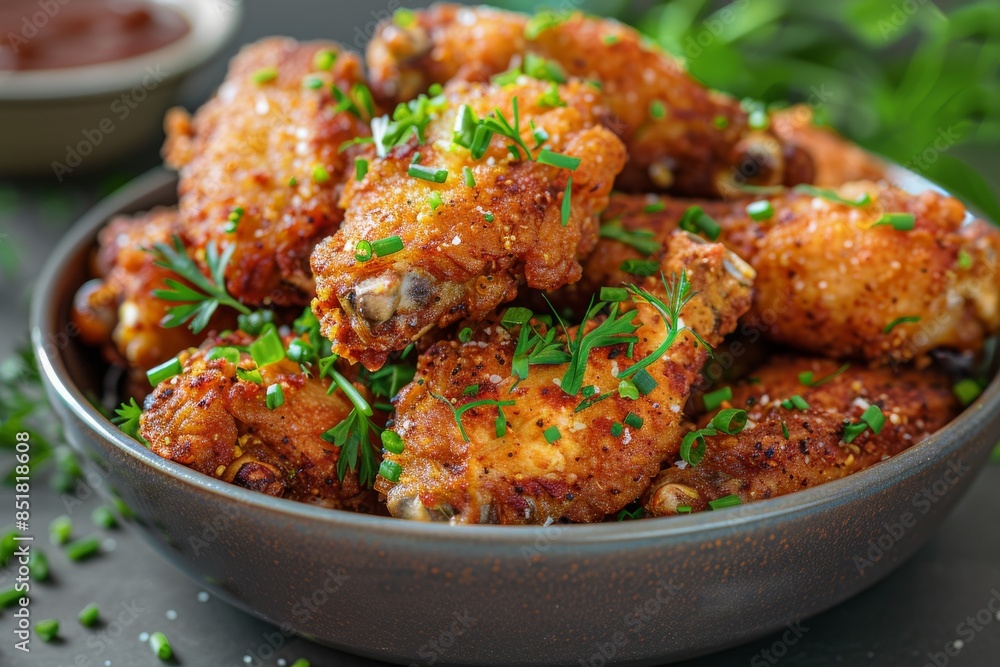 Fried chicken wings in crispy coating: Succulent chicken wings coated in a crunchy breadcrumb crust, served golden brown and sizzling hot, ready to be enjoyed as a delicious snack or meal. Fried chicken wings in crispy coating: Succulent chicken wings coated in a crunchy breadcrumb crust, served golden brown and sizzling hot, ready to be enjoyed as a delicious snack or meal.