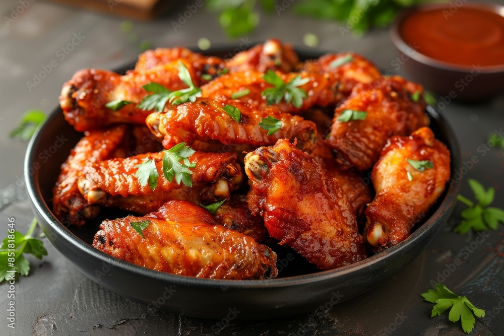 Fried chicken wings in crispy coating: Succulent chicken wings coated in a crunchy breadcrumb crust, served golden brown and sizzling hot, ready to be enjoyed as a delicious snack or meal. Fried chicken wings in crispy coating: Succulent chicken wings coated in a crunchy breadcrumb crust, served golden brown and sizzling hot, ready to be enjoyed as a delicious snack or meal.