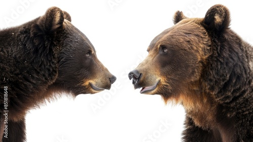 Close-up of bears in playful stances, capturing their curious and gentle nature against a white background photo