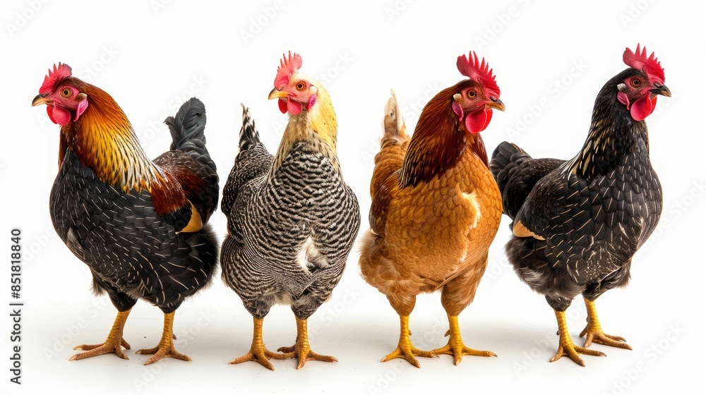 Close-up of chickens in different stances, highlighting their unique features against a white background. Close-up of chickens in different stances, highlighting their unique features against a white background.
