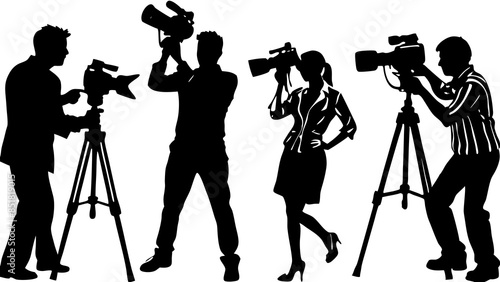 Photographers in action shooting diverse subjects and scenes, silhouette vector illustration
