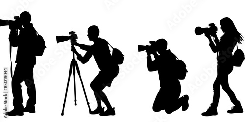 Photographers in action shooting diverse subjects and scenes, silhouette vector illustration