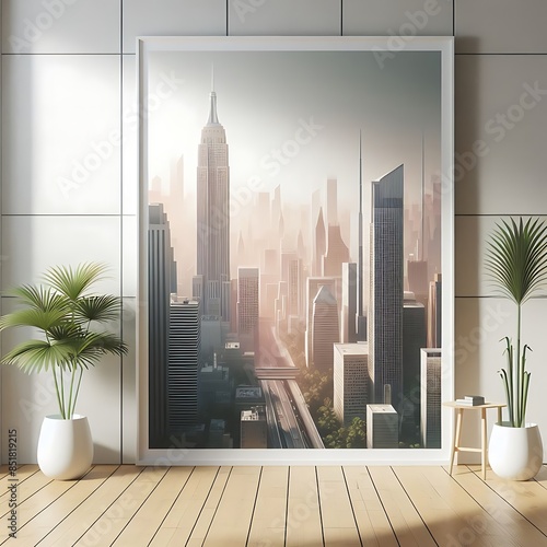 A picture poster mockup of a city in A room style interior set design informative unique creative optimized.