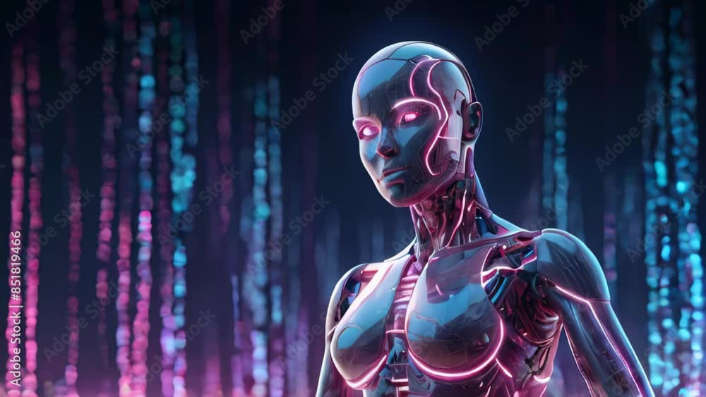 humanoid robot with glowing blue and pink circuitry stands against a backdrop of digital grids. The futuristic setting highlights the sleek design and advanced technology of the robot humanoid robot with glowing blue and pink circuitry stands against a backdrop of digital grids. The futuristic setting highlights the sleek design and advanced technology of the robot