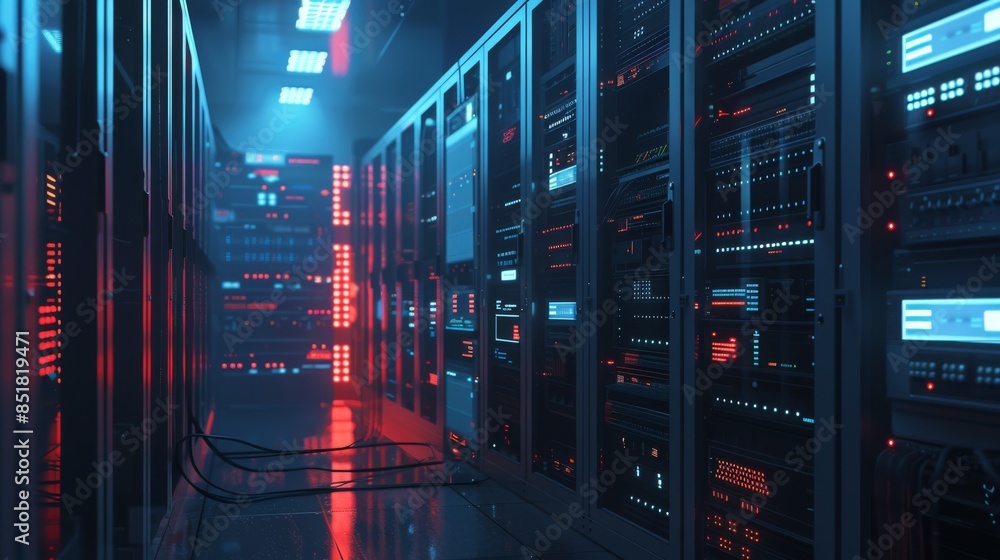 Modern data center with powerful servers and glowing lights, highlighting advanced technology and network infrastructure. Modern data center with powerful servers and glowing lights, highlighting advanced technology and network infrastructure.