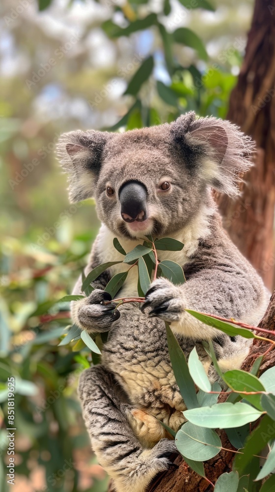 Fototapeta premium A koala sits on a tree and eats eucalyptus.