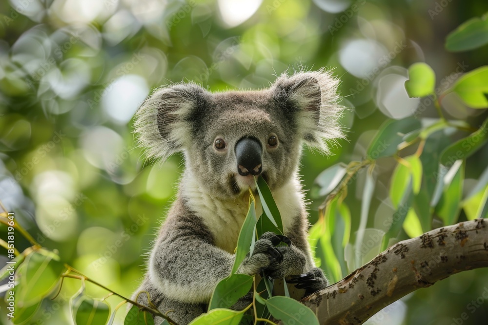 A koala sits on a tree and eats eucalyptus.
A koala sits on a tree and eats eucalyptus.