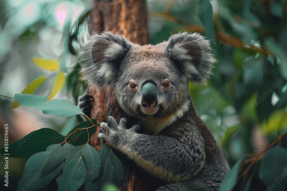 Obraz premium A koala sits on a tree and eats eucalyptus.