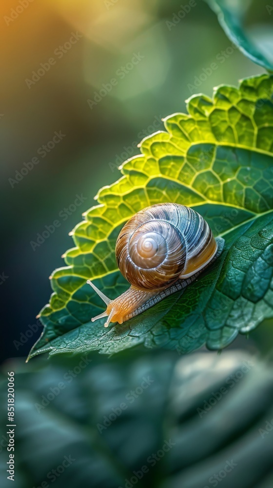 Snail on a leaf: A small snail crawling slowly on a vibrant green leaf, its shell gleaming in the sunlight, capturing the delicate beauty of nature up close. Snail on a leaf: A small snail crawling slowly on a vibrant green leaf, its shell gleaming in the sunlight, capturing the delicate beauty of nature up close.