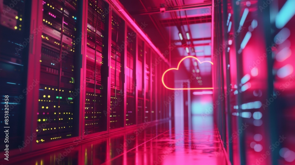 Fototapeta premium Neon-lit cloud computing data center with servers showing modern technology for online storage and digital information management.