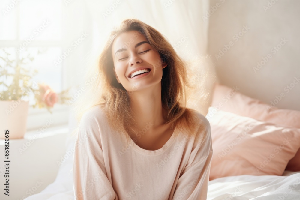 A cute, cheerful young woman laughs happily enjoying a bright weekend morning in her home. A cute, cheerful young woman laughs happily enjoying a bright weekend morning in her home.