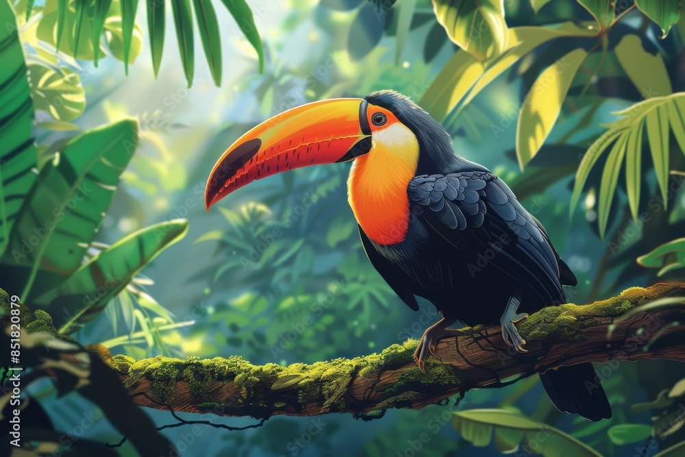 Obraz premium Toucan bird in the jungle: A colorful toucan perched on a tree branch in the lush green jungle