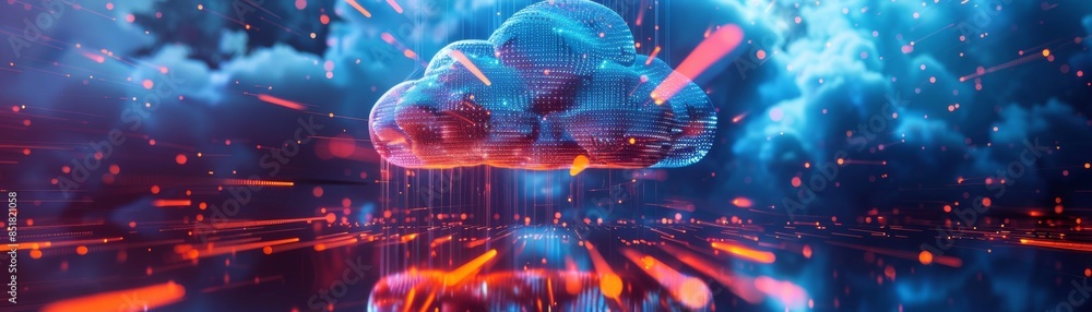 Surreal, vibrant digital cloud hovering over a futuristic cityscape, with neon lights and dynamic energy beams, creating a mesmerizing atmosphere. Surreal, vibrant digital cloud hovering over a futuristic cityscape, with neon lights and dynamic energy beams, creating a mesmerizing atmosphere.