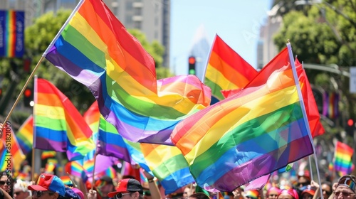 Colorful flags, symbol of the International Day Against Homophobia, Transphobia and Biphobia. photo