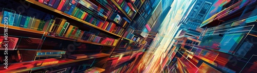 Vibrant, abstract digital art depicting a dynamic, colorful library scene with a sense of motion and energy. Ideal for modern creative designs. photo