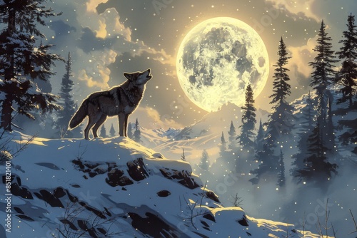 A wolf howls at the full moon in a mountain winter forest.