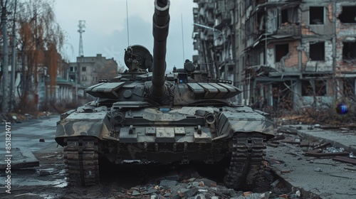 Hyper realistic ukrainian t 64 bulat tank in war ravaged city, digital artwork depicting aftermath photo