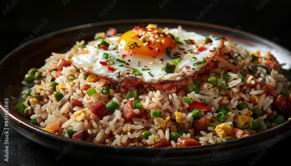 fried rice on a plate with fried egg on top. dark background fried rice on a plate with fried egg on top. dark background