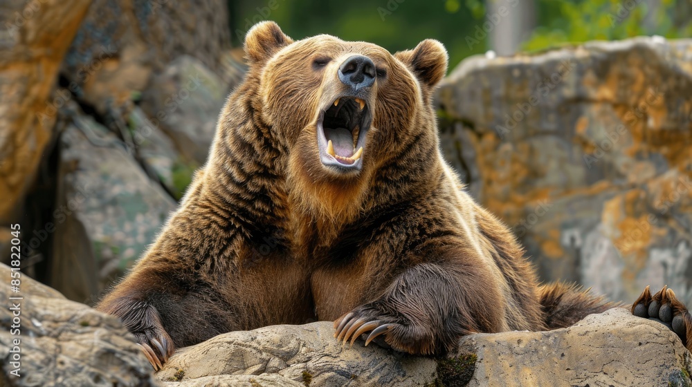 A bear stretching and yawning, showing its teeth and massive paws in a candid moment. A bear stretching and yawning, showing its teeth and massive paws in a candid moment.