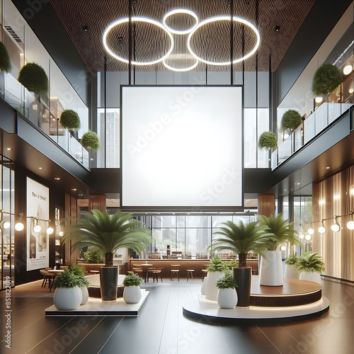 A room style interior set design with a large screen and plants.