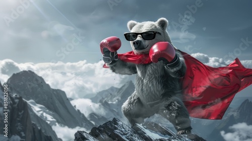 A bear with black sunglasses, a red cape, and boxing gloves, standing triumphantly on a mountain peak. photo
