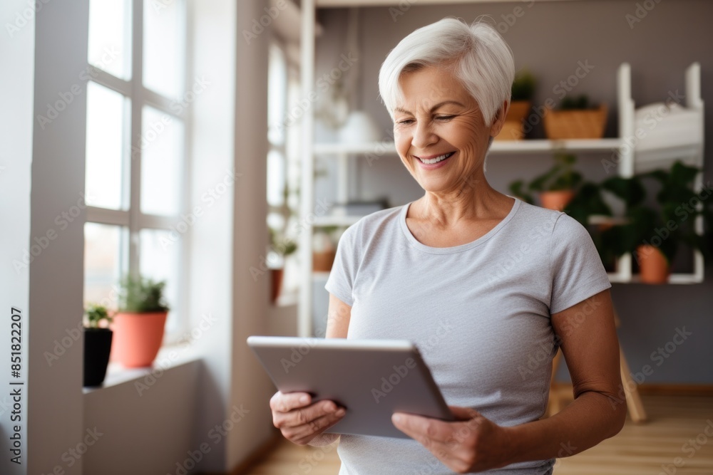 Senior woman exercising looking at exercise plan on tablet at home Senior woman exercising looking at exercise plan on tablet at home
