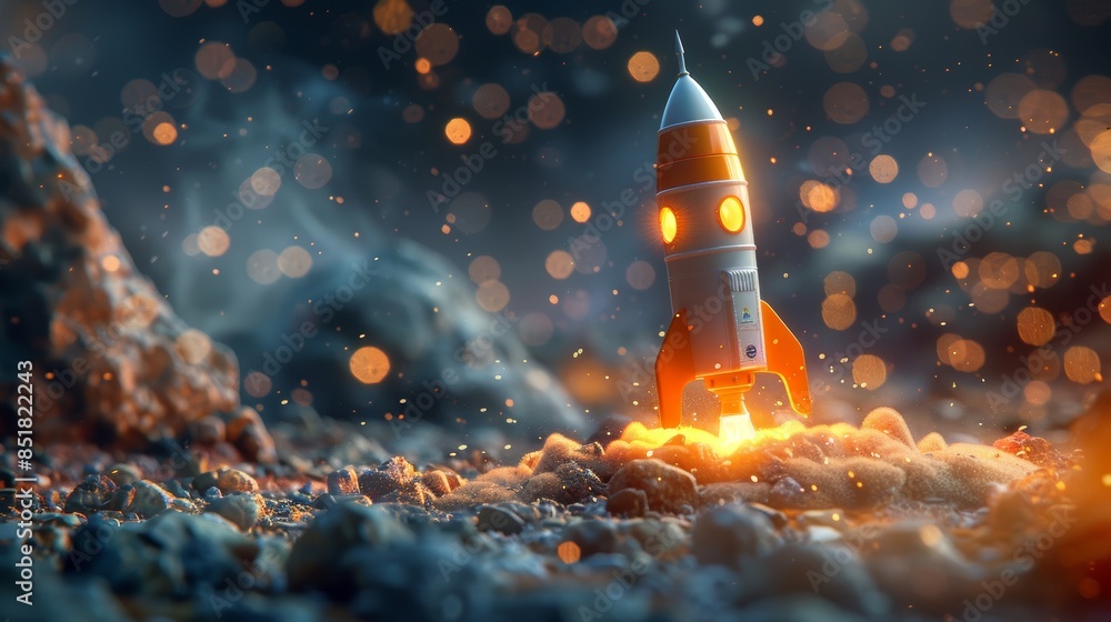 Fototapeta premium A toy rocket launching into the sky