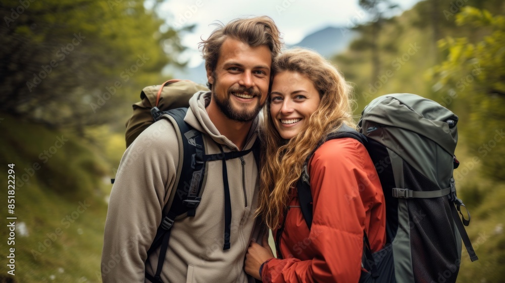 Smiling couple with backpacks resting and hugging each other on the hill. Holiday activities, adventure, travel, hiking, backpacking, tourism and people. Smiling couple with backpacks resting and hugging each other on the hill. Holiday activities, adventure, travel, hiking, backpacking, tourism and people.