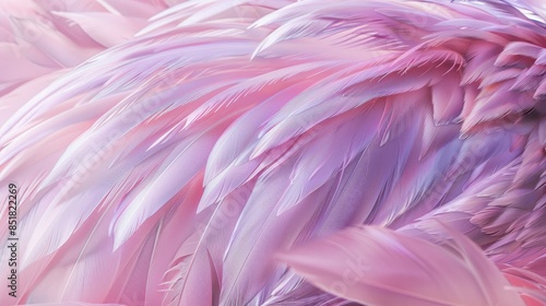 A close-up of flamingo feathers, with intricate details highlighted against a pastel lavender background. © Lcs