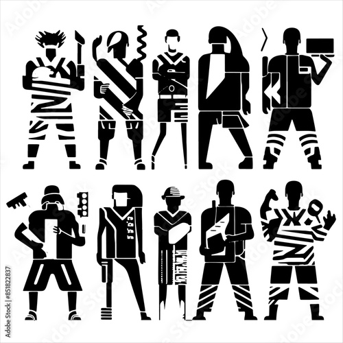 Silhouettes of ten high-tech people androids informals. Vector set of logo EPS 10