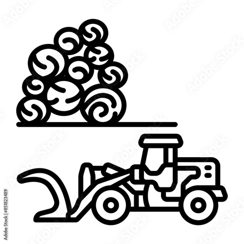Knuckle boom machine vector icon design, timber lumber Symbol, Forest and Deforestation Sign, forest farming woodlands illustration, Forestry crane Logging and stacking at Wood Processing Yard concept