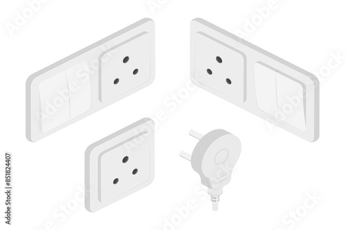 isometric power outlet plug electric socket indian type d switcher set vector flat illustration