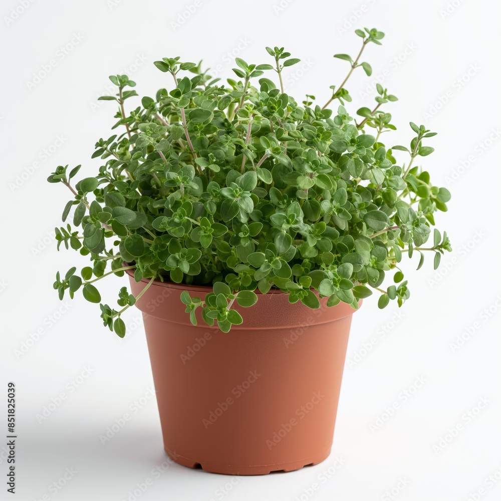 Full shot of a small potted thyme plant isolated on white background Full shot of a small potted thyme plant isolated on white background