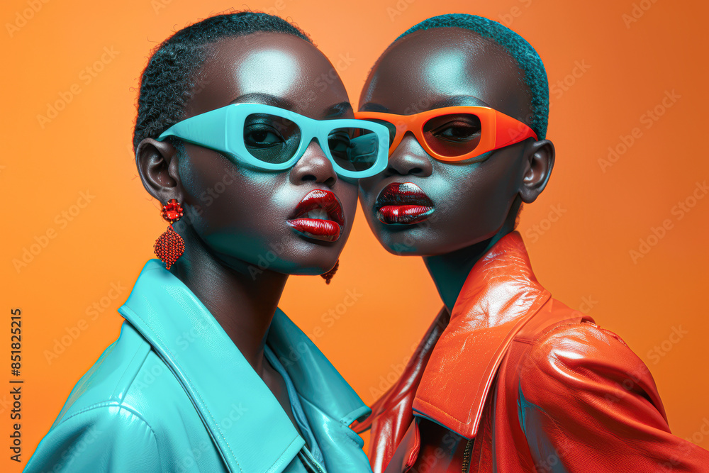 High-Fashion Sunglasses Editorial with Black Models in Orange and Teal High-Fashion Sunglasses Editorial with Black Models in Orange and Teal