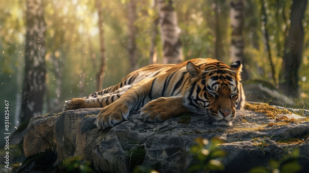 A tiger resting on a rock, basking in the sunlight, with a scenic forest in the background A tiger resting on a rock, basking in the sunlight, with a scenic forest in the background