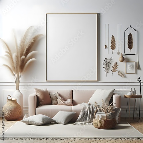 A living room style interior set design with a mockup poster empty white and with a couch and a picture frame decoration Vibrant engaging engaging professional.