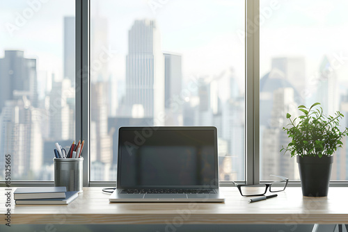 Modern Office Desk with Laptop and City Skyline View