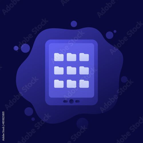 ebook reader, folders with books, library vector icon