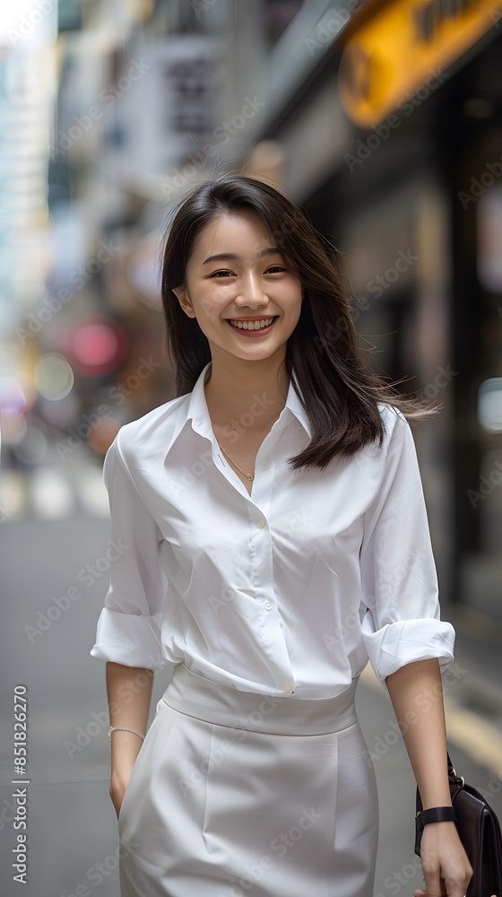 Confident Asian businesswoman with a smile standing in the city's CBD, embodying urban professionalism and success Confident Asian businesswoman with a smile standing in the city's CBD, embodying urban professionalism and success