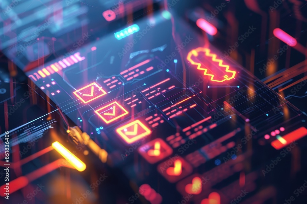 Futuristic digital interface with neon design elements, showcasing data analysis and technology innovation on a high-tech screen. Futuristic digital interface with neon design elements, showcasing data analysis and technology innovation on a high-tech screen.